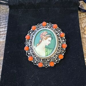 Vintage Cameo Brooch with Orange Accents